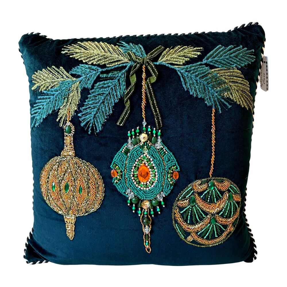 NEW MacKenzie-Childs Emerald Ornaments Beaded Throw Pillow 18x18